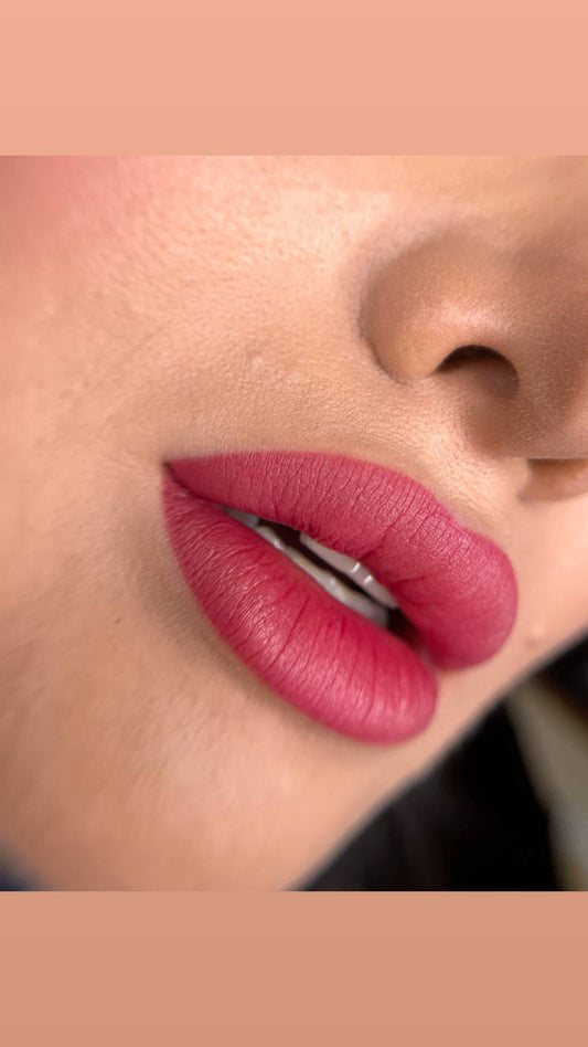 Close-up of beautifully finished PMU Lips second skin with a soft matte finish, showcasing perfect lip contour.