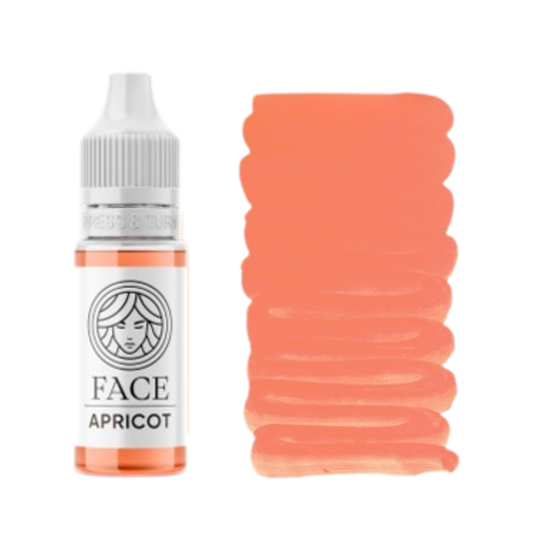Pigmento PMU FACE Apricot con flacone e campione colore albicocca caldo per trucco permanente labbra.
