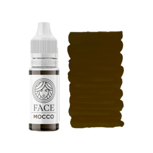 Pigmento PMU FACE Mocco con flacone e campione colore marrone neutro per sopracciglia.