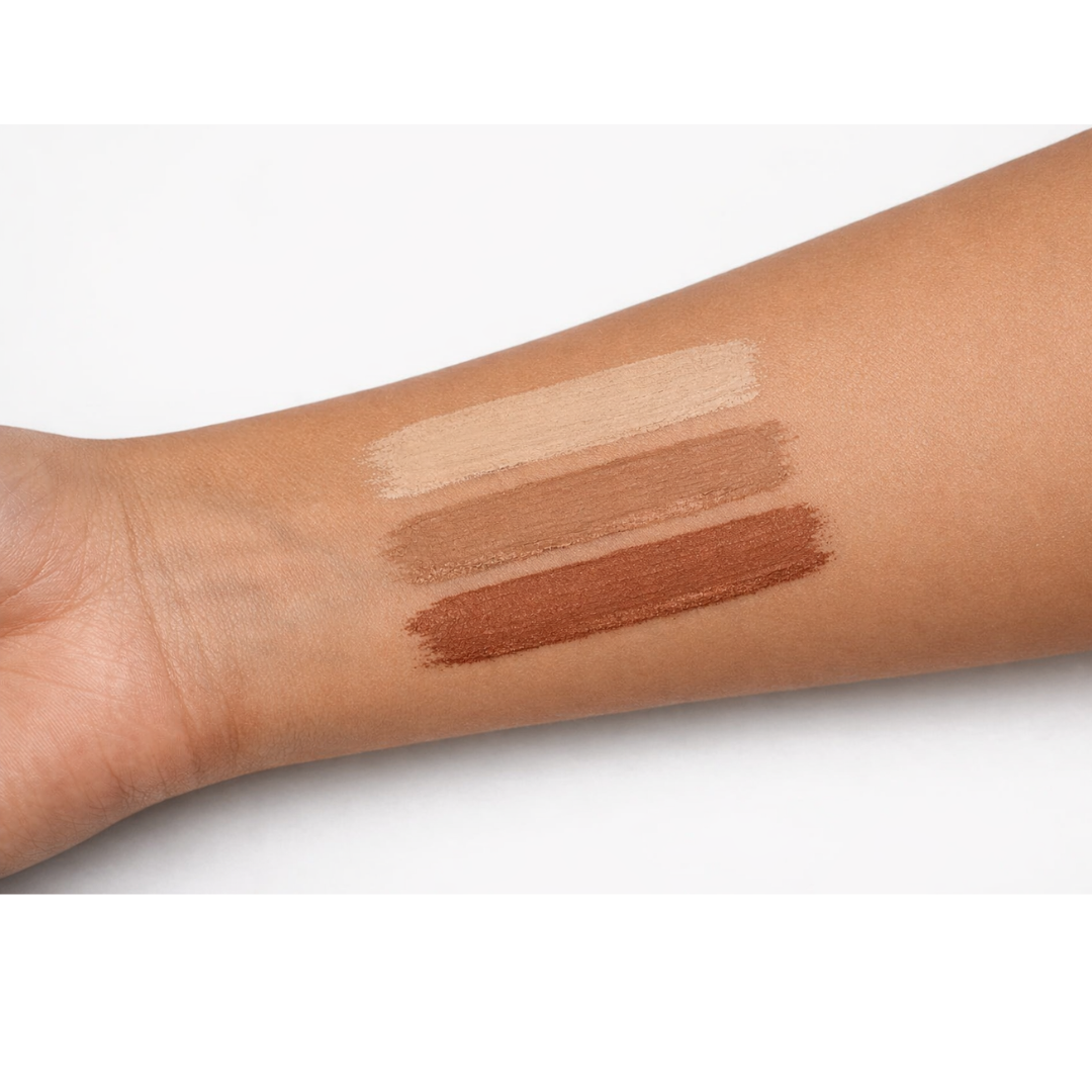 Swatch matite correttore PMU NYSE in tre tonalità pelle su braccio per scelta colore professionale