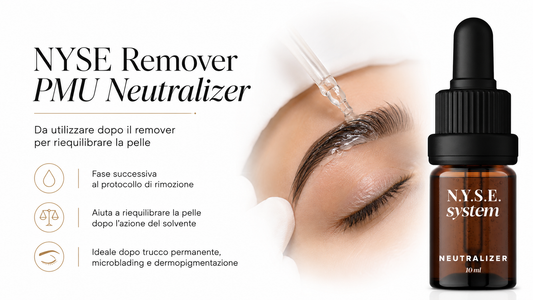 Applicazione di NYSE Remover PMU Neutralizer sulle sopracciglia nella fase successiva al protocollo di rimozione PMU.