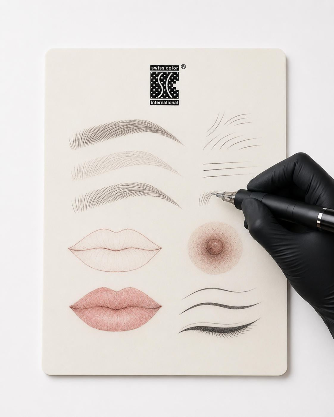Tappetino in silicone Swiss Color per pratica PMU con esercitazioni su sopracciglia, labbra, areola, eyeliner e tratti tecnici.