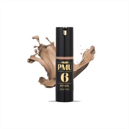 Dynamic PMU 6 Deep Beige pigmento pmu in a 15 ml packaging with splashes of pigment around.