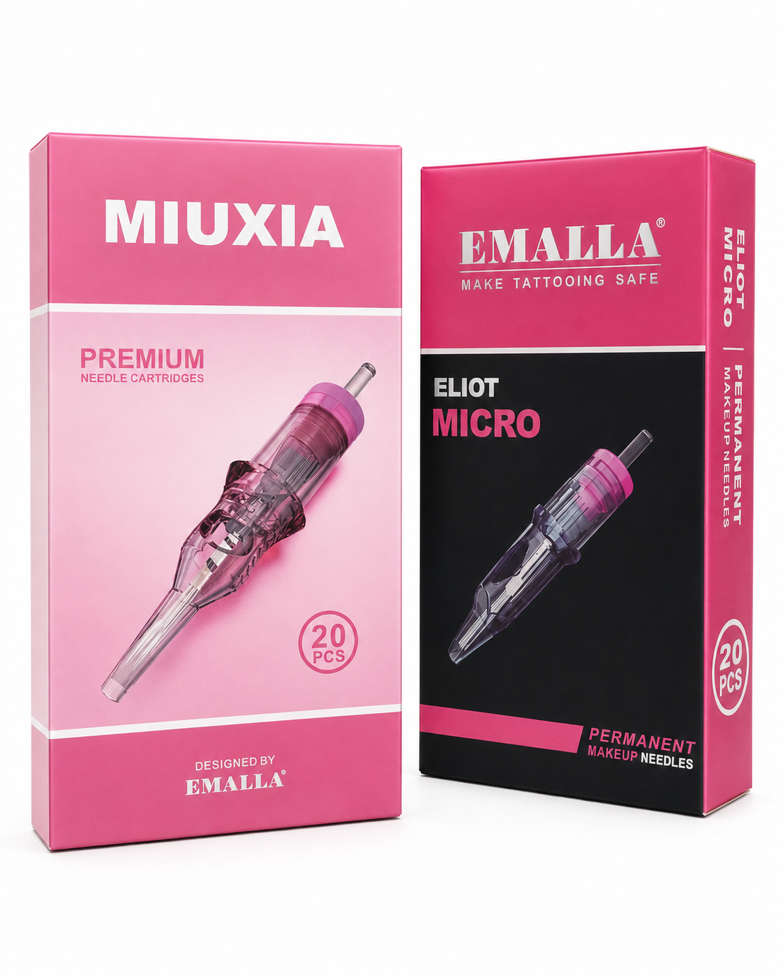 Cartucce aghi PMU Emalla Miuxia rosa trasparente per trucco permanente, dettaglio ravvicinato su sfondo bianco.

