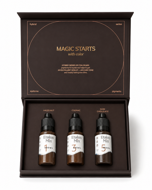 Etalon Mix Brow Hybrid Series Trio Set aperto con tre pigmenti PMU per sopracciglia Hazelnut, Cognac e Dark Chocolate da 15 ml.