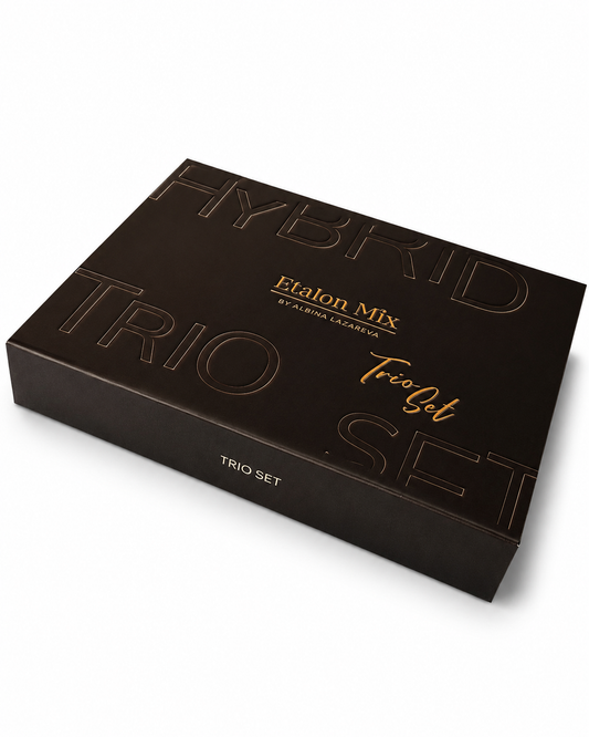 Scatola nera chiusa Etalon Mix Brow Hybrid Series Trio Set con finiture color rame e logo Etalon Mix by Albina Lazareva.