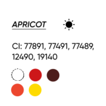 Scheda cromatica FACE Apricot con CI 77891, 77491, 77489, 12490 e 19140 e indicazione di tonalità calda.
