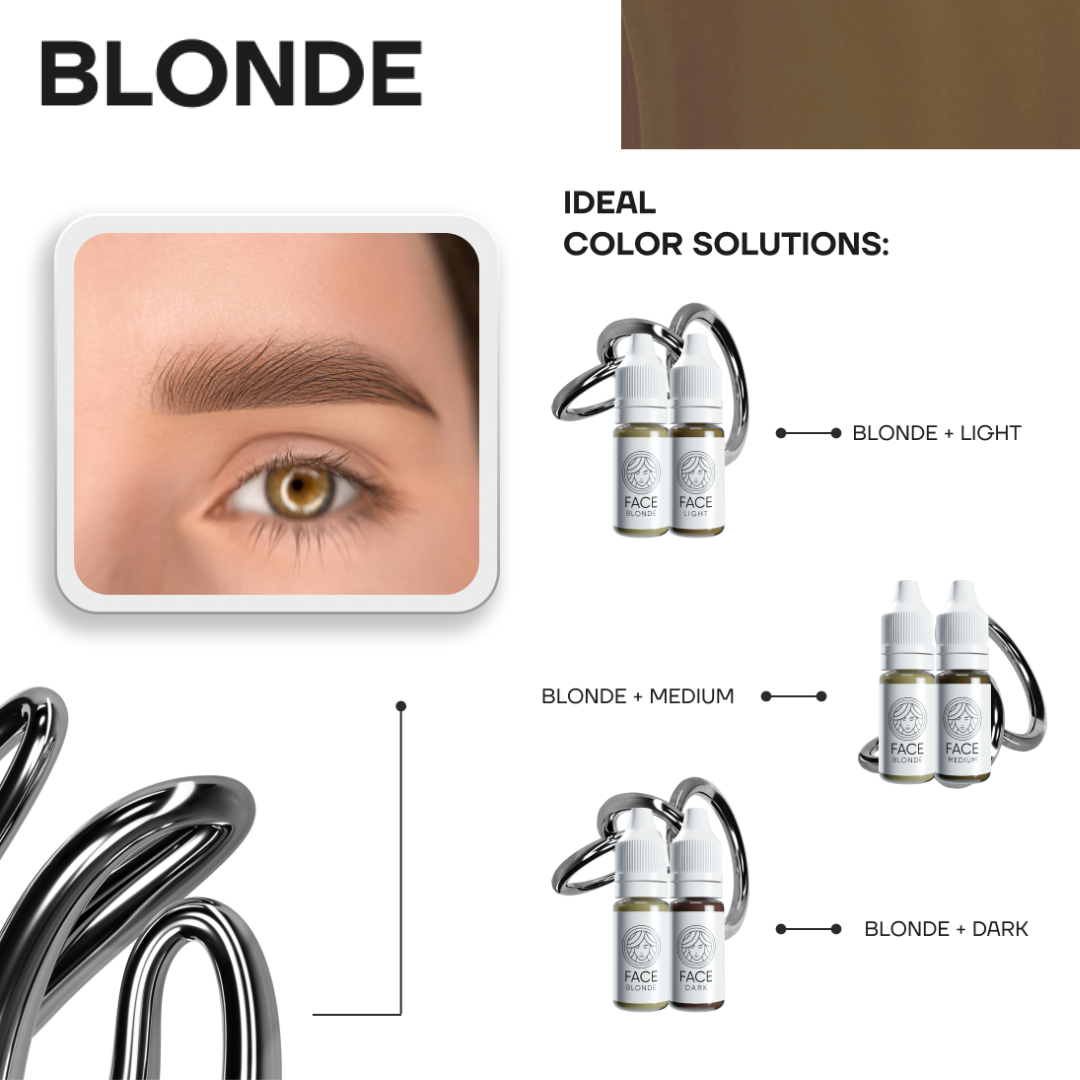 Guida alle miscele FACE Blonde per PMU sopracciglia con combinazioni Blonde + Light, Blonde + Medium e Blonde + Dark.