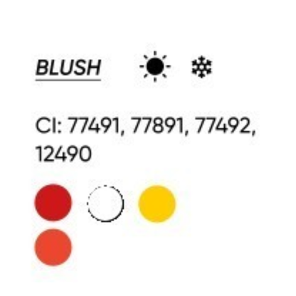 Scheda cromatica FACE Blush con CI 77491, 77891, 77492 e 12490 e indicazione di tonalità caldo-fredda.
