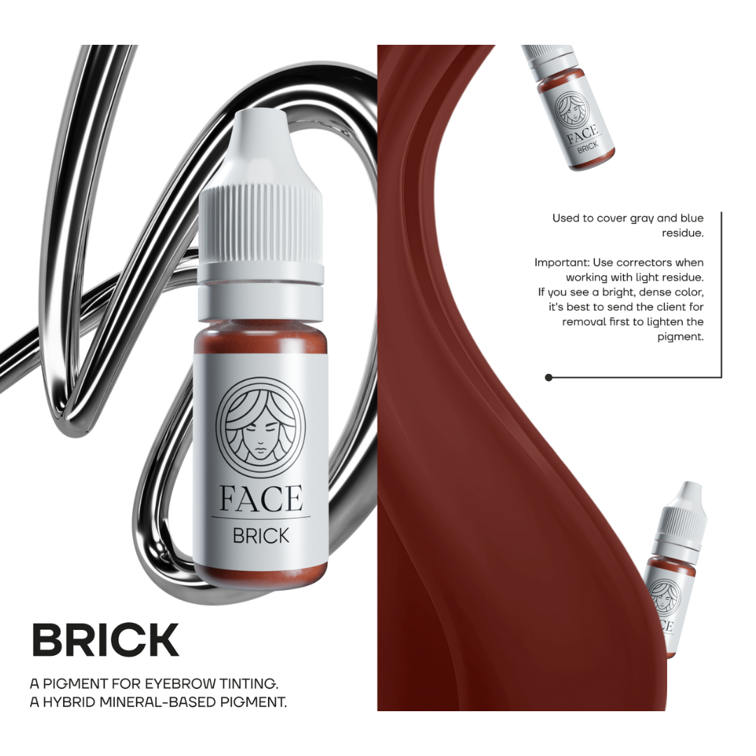 FACE Brick pigmento correttore PMU per sopracciglia, pensato per lavorare su residui chiari grigi e blu.
