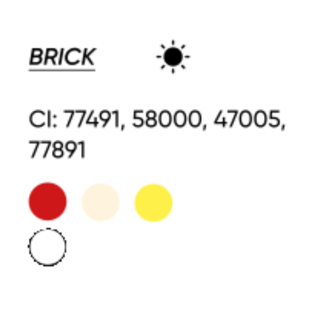Scheda colore FACE Brick con CI 77491, 58000, 47005 e 77891 e indicazione di tonalità calda.