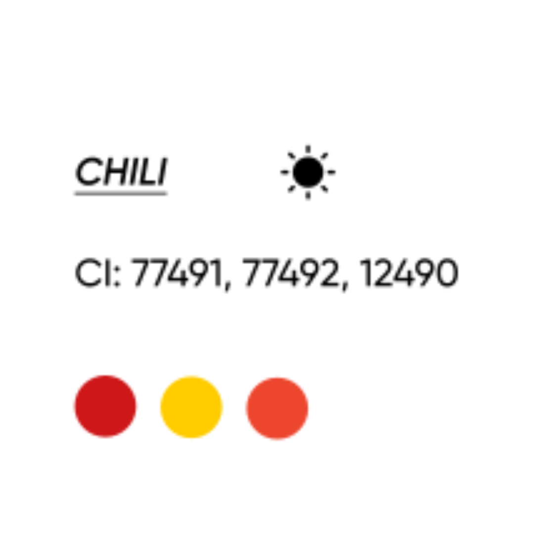 Scheda cromatica FACE Chili con CI 77491, 77492 e 12490 e indicazione di tonalità calda.
