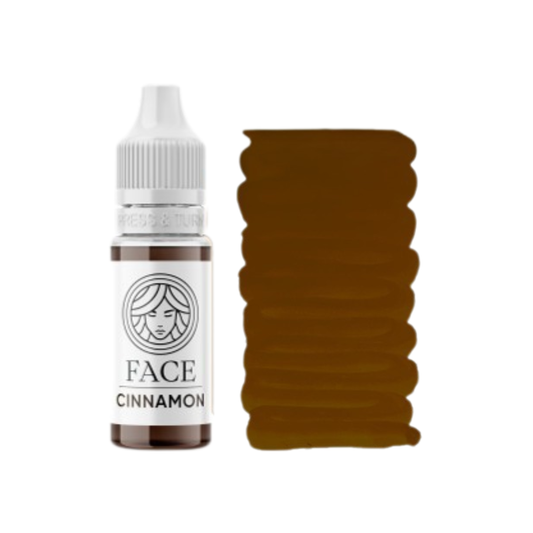 Pigmento PMU FACE Cinnamon con flacone e campione colore marrone caldo per sopracciglia.