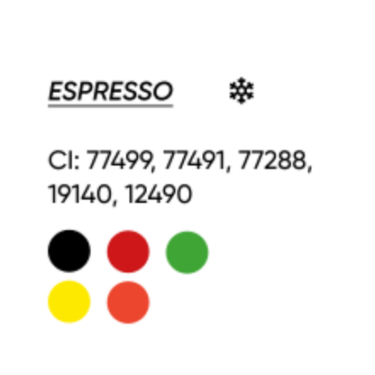 Scheda cromatica FACE Espresso con CI 77499, 77491, 77288, 19140 e 12490 e indicazione di tonalità fredda.

