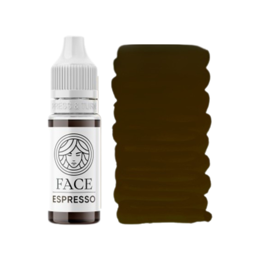 Pigmento PMU FACE Espresso con flacone e campione colore marrone scuro intenso per sopracciglia.
