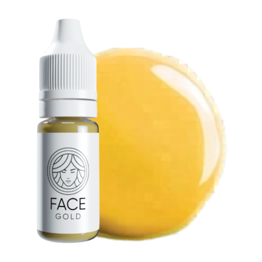 FACE Gold pigmento PMU minerale correttore giallo per sopracciglia con campione colore su sfondo bianco.
