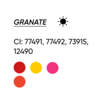 Scheda cromatica FACE Granate con CI 77491, 77492, 73915 e 12490 e indicazione di tonalità calda.
