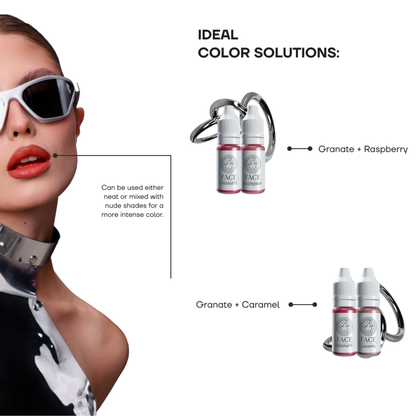 Guida alle miscele FACE Granate per labbra con combinazioni Granate + Raspberry e Granate + Caramel.
