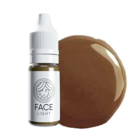 Pigmento PMU FACE Light per sopracciglia con flacone e campione colore marrone chiaro.