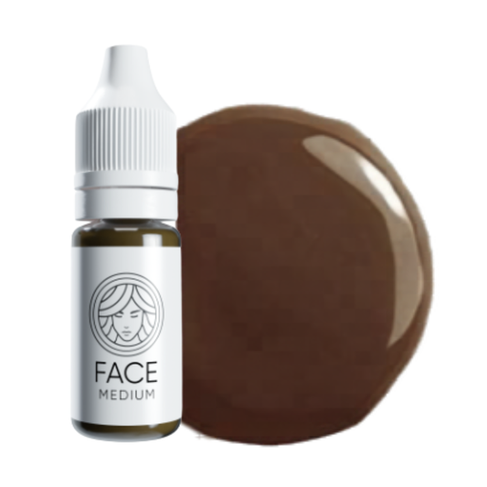 Pigmento PMU FACE Medium per sopracciglia con flacone e campione colore marrone medio.