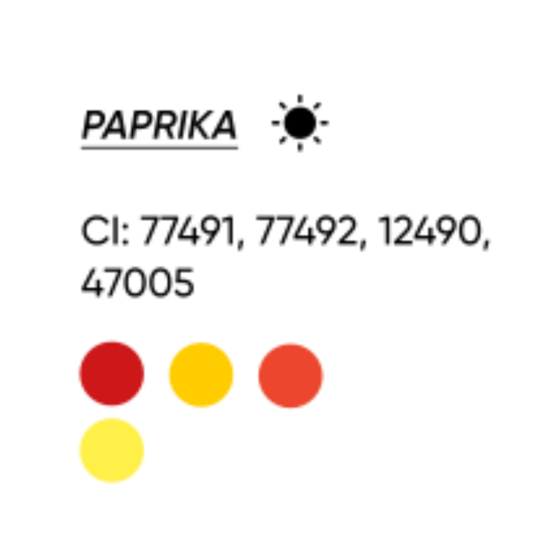 Scheda cromatica FACE Paprika con CI 77491, 77492, 12490 e 47005 e indicazione di tonalità calda.
