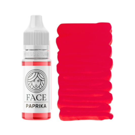 Pigmento PMU FACE Paprika con flacone e campione colore rosso corallo intenso per trucco permanente labbra