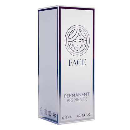 Confezione argentata FACE Permanent Pigments per pigmenti PMU nei formati indicati sulla confezione.