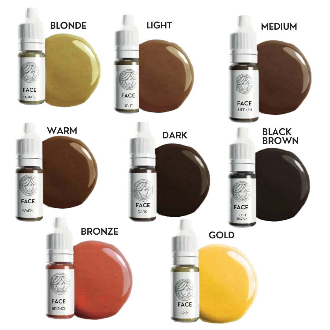 Palette pigmenti FACE per sopracciglia con tonalità Blonde, Light, Medium, Warm, Dark, Black Brown, Bronze e Gold.