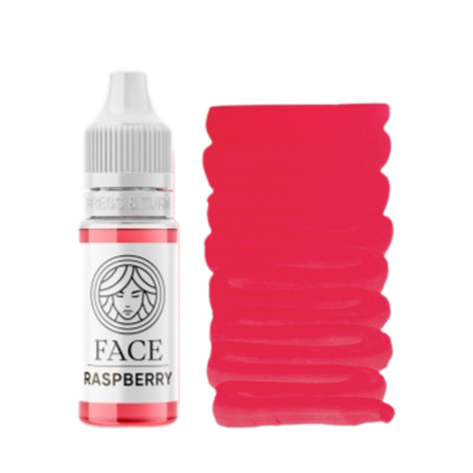 Pigmento PMU FACE Raspberry con flacone e campione colore rosa lampone intenso per trucco permanente labbra.