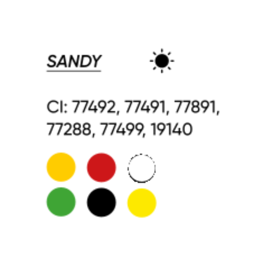 Scheda cromatica FACE Sandy con CI 77492, 77491, 77891, 77288, 77499 e 19140, tonalità calda per sopracciglia.
