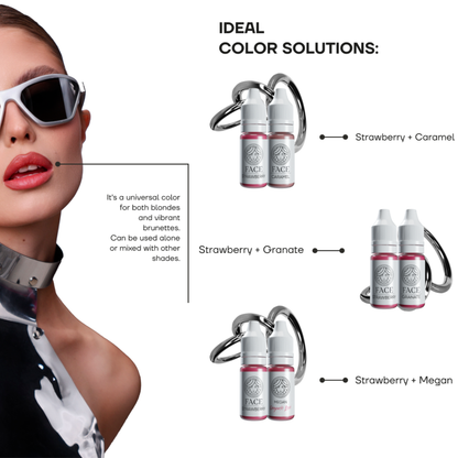 Guida alle miscele FACE Strawberry per PMU labbra con combinazioni Strawberry + Caramel, Strawberry + Granate e Strawberry + Megan.