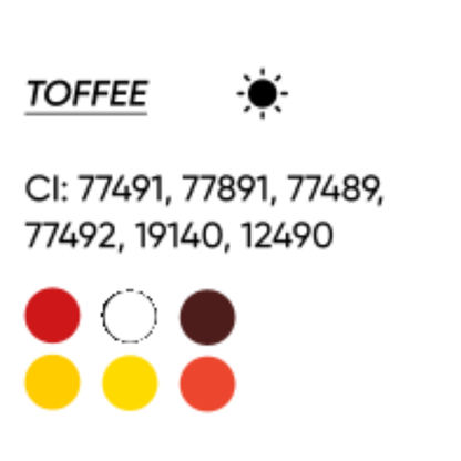 Scheda cromatica FACE Toffee con CI 77491, 77891, 77489, 77492, 19140 e 12490 e indicazione di tonalità calda.
