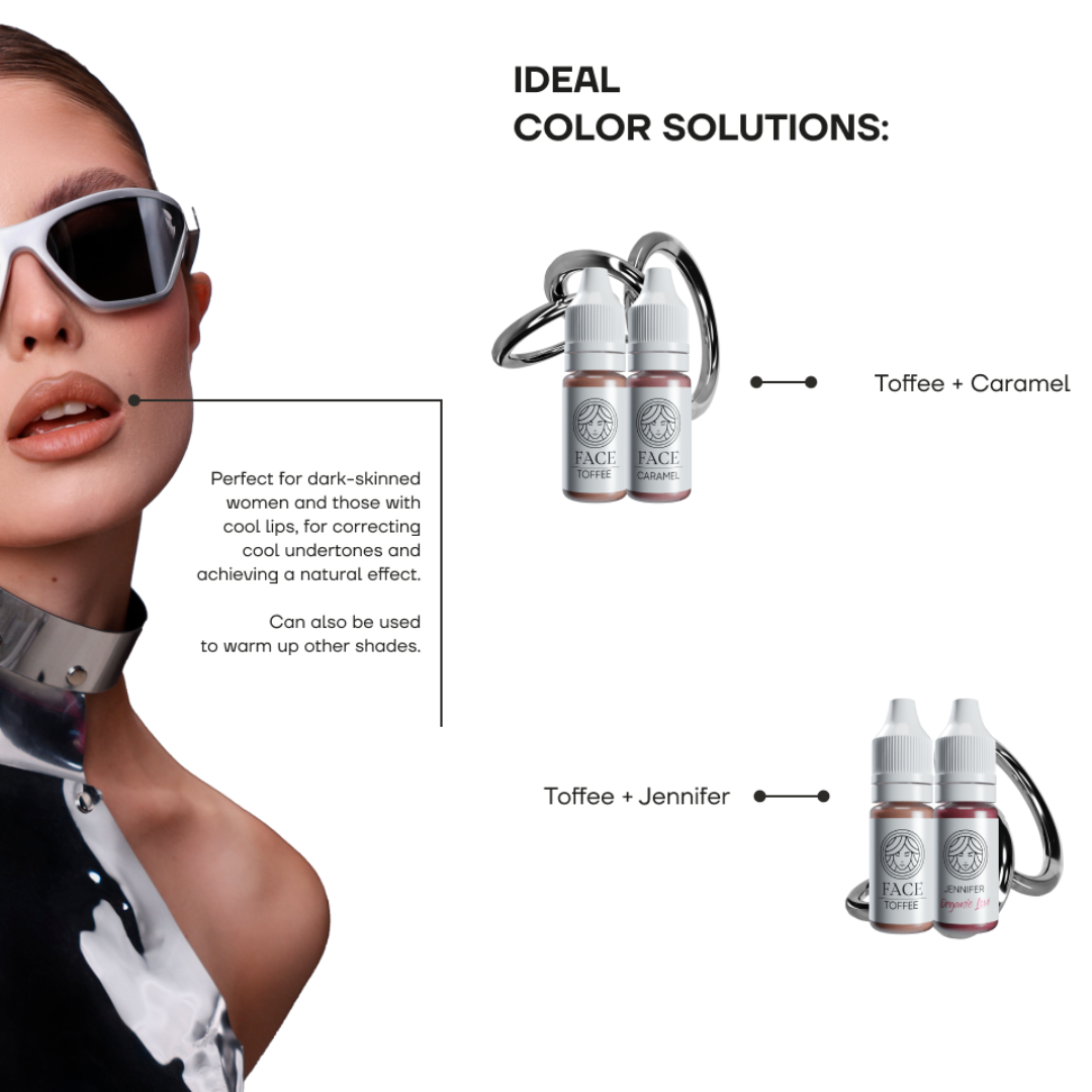 Guida alle miscele FACE Toffee per labbra con combinazioni Toffee + Caramel e Toffee + Jennifer.
