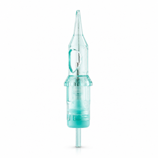 Cartuccia ago PMU IGLA Round Liner verde trasparente su sfondo bianco
