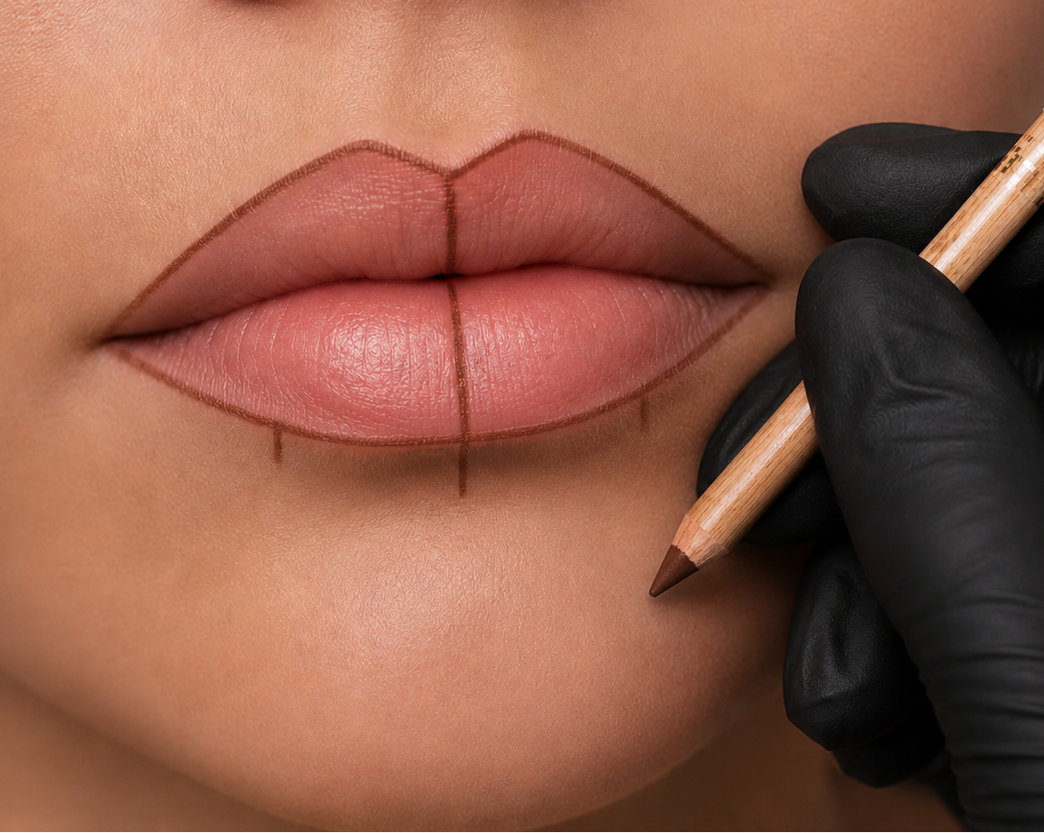 Mappatura delle labbra con matita marrone per tracciare contorno e riferimenti di simmetria prima del trattamento di trucco permanente.