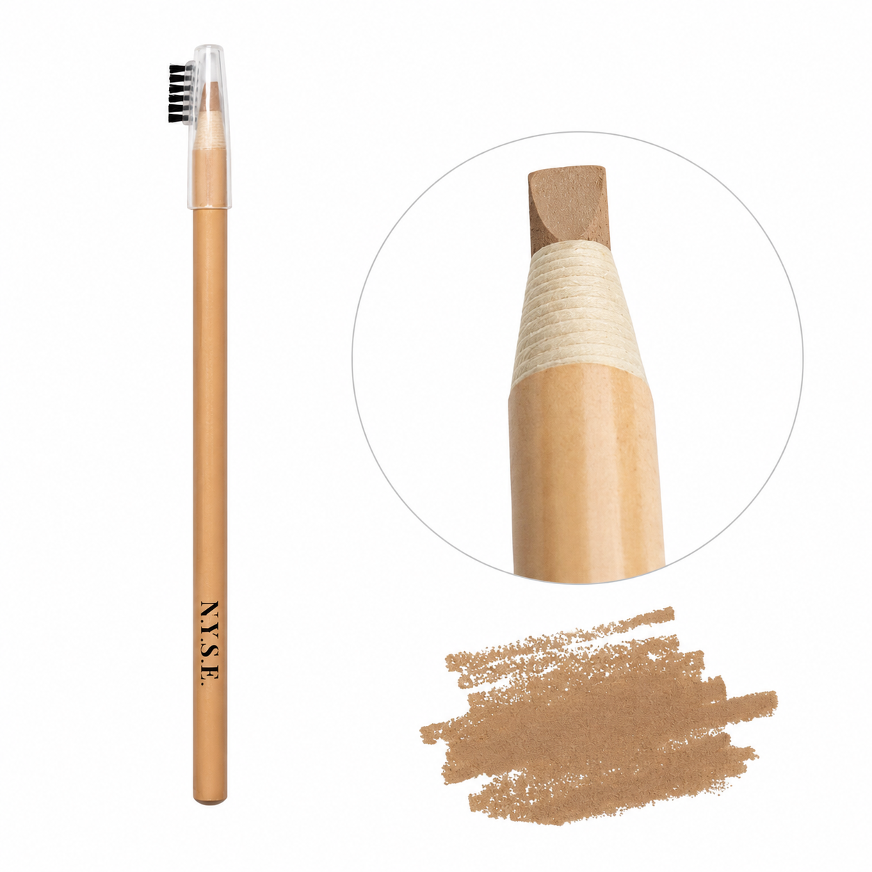 Matita NYSE beige per mappatura sopracciglia con punta piatta, scovolino e swatch colore naturale