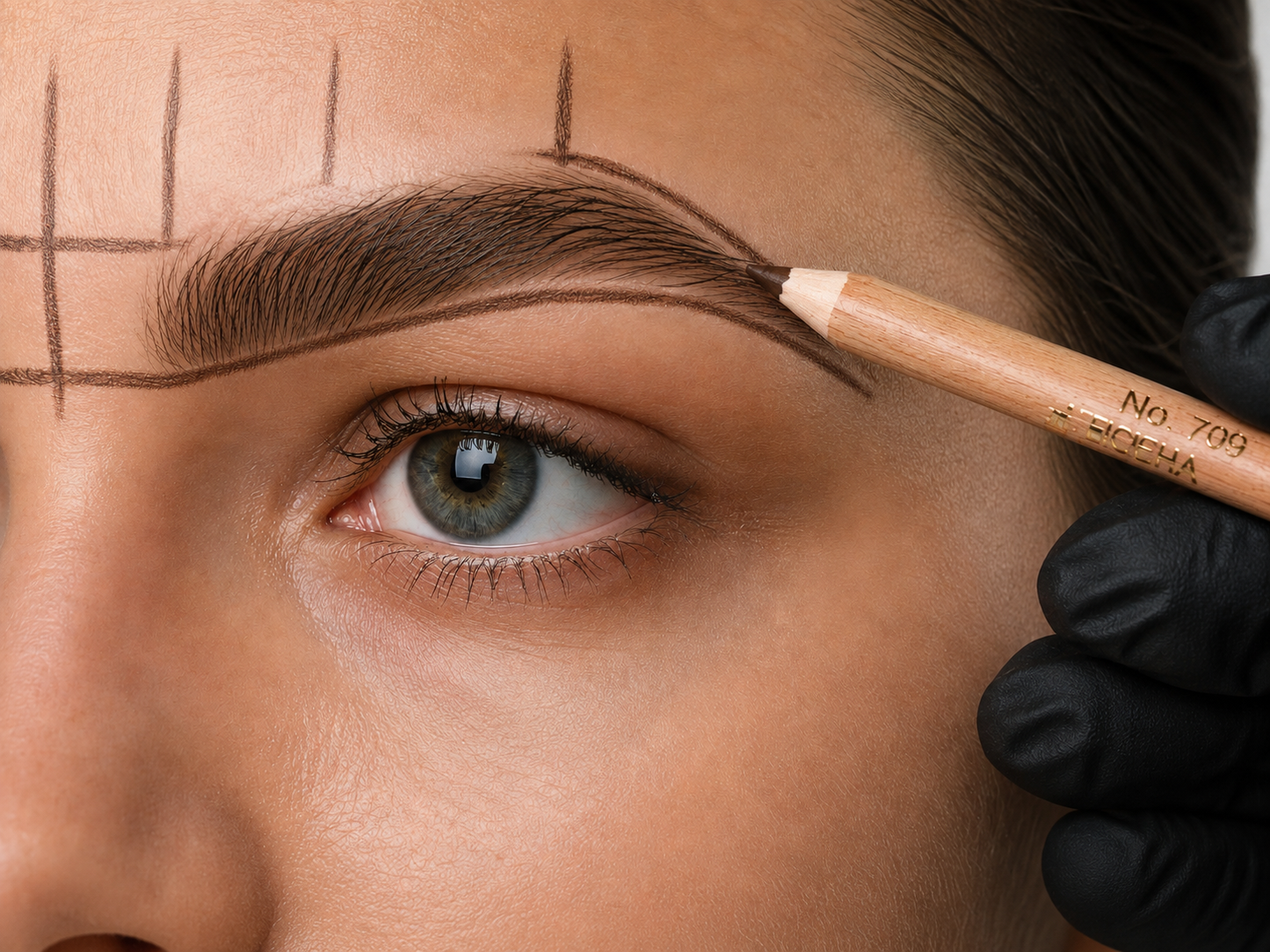 Applicazione della matita marrone Miss Tais No. 709 durante la mappatura professionale delle sopracciglia.