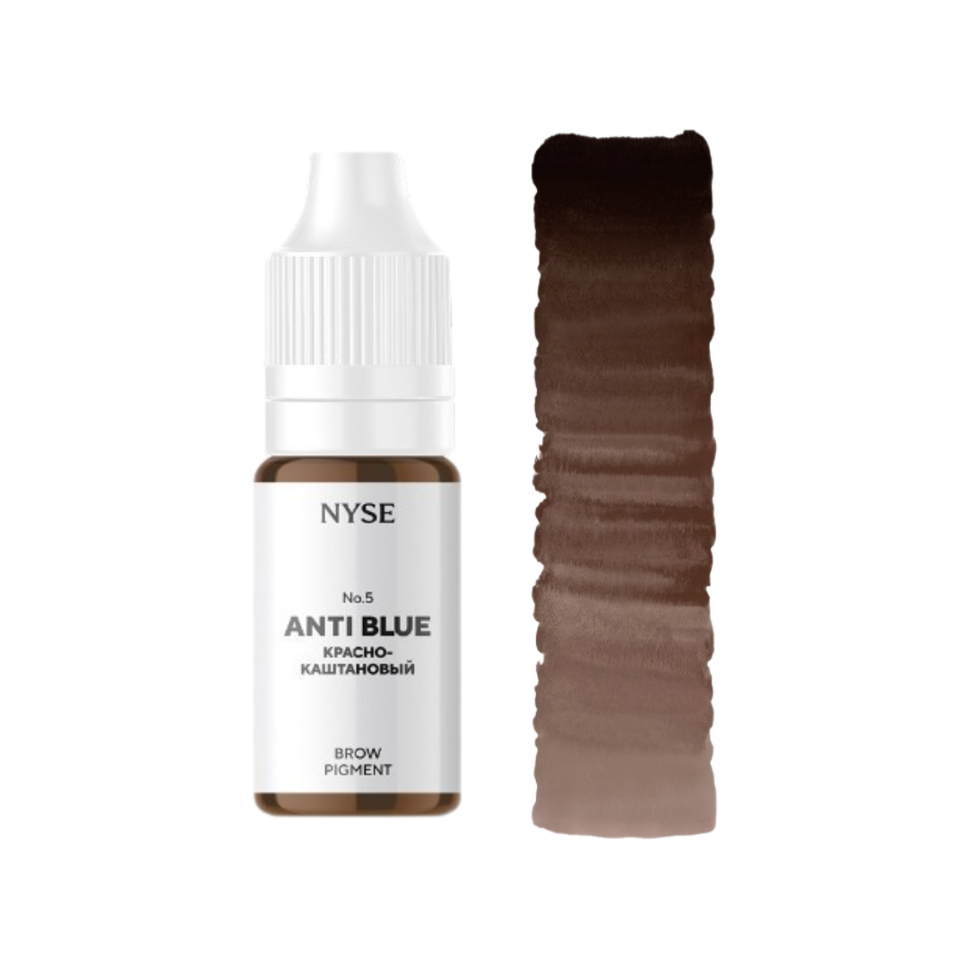 Pigmento PMU sopracciglia NYSE Anti Blue N.5 con swatch marrone castano per correzione cromatica brow