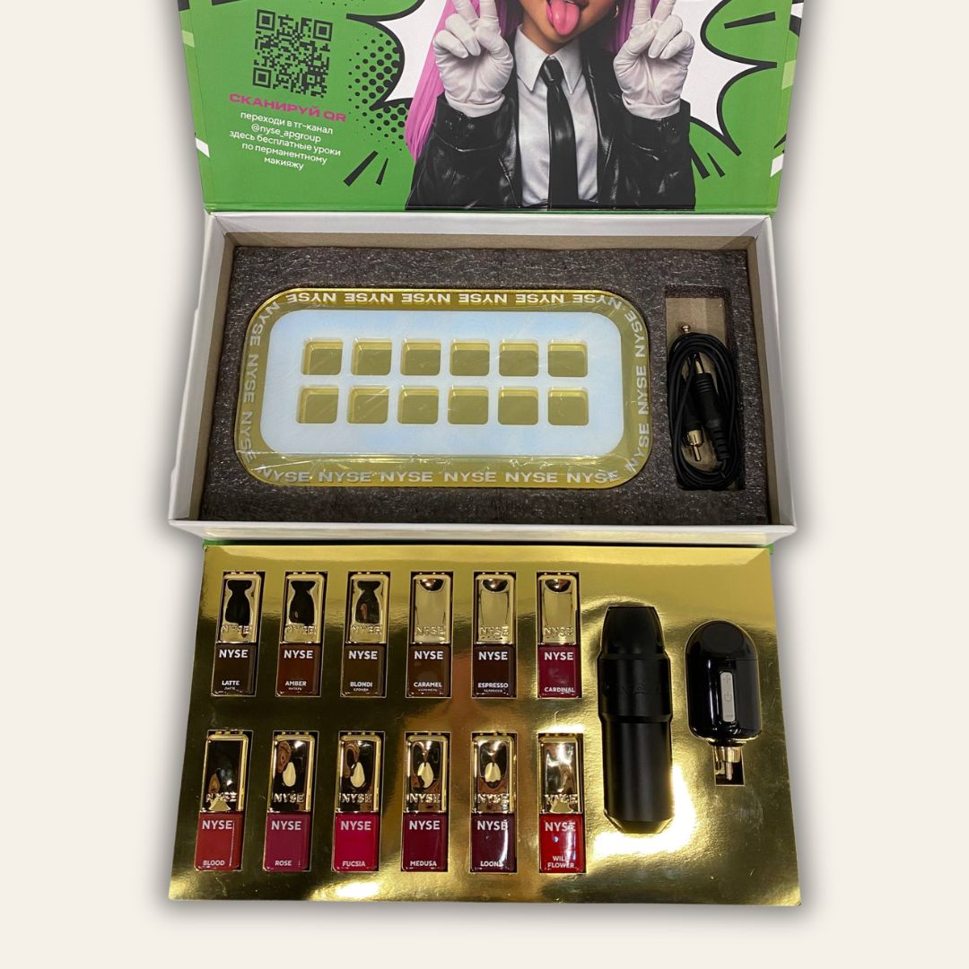 Contenuto NYSE NASTIA Kit Pro: 12 pigmenti GOLD 5ml (labbra e sopracciglia) + macchinetta Noname + alimentatore wireless
