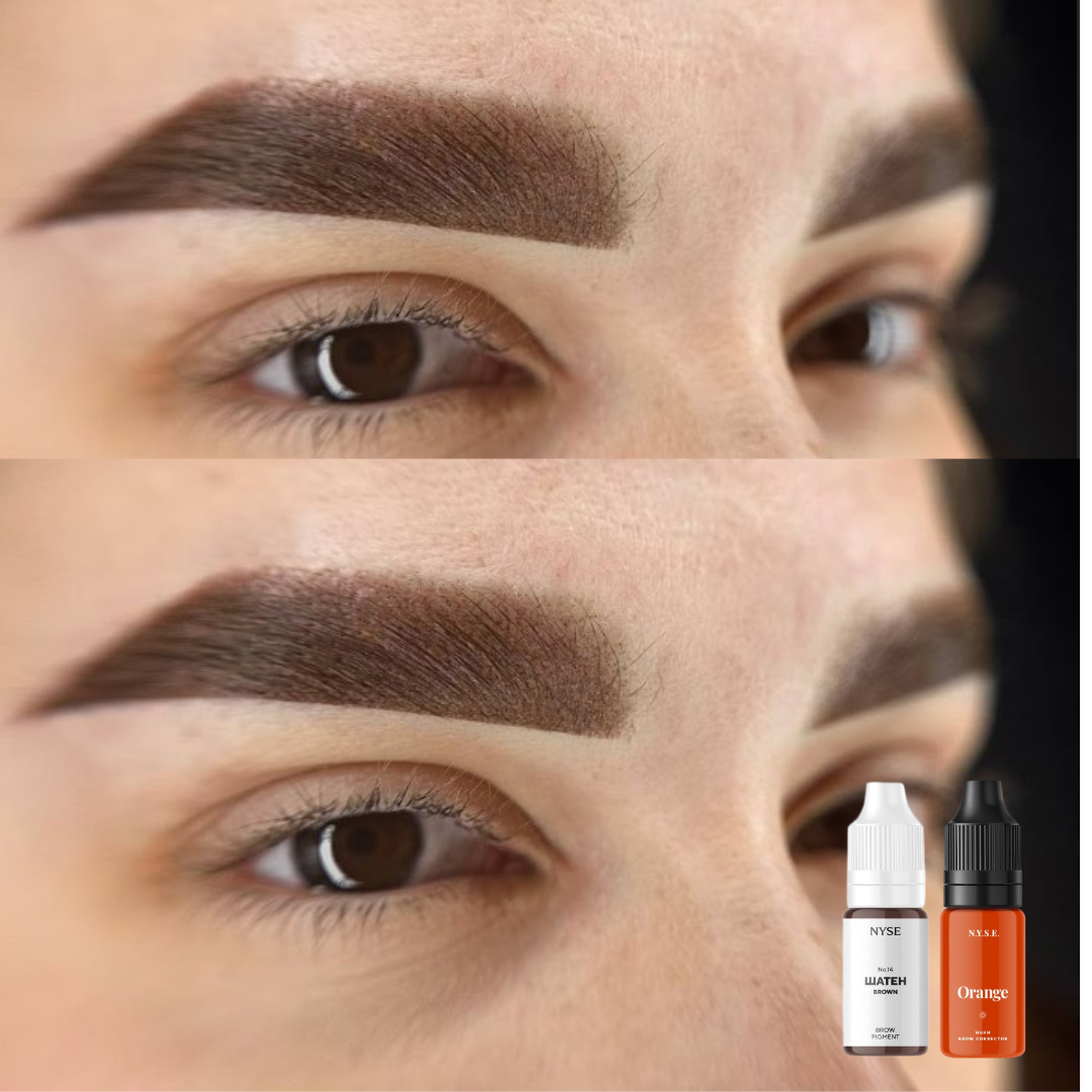 Esempio visivo sopracciglia con pigmenti PMU NYSE Brown e Orange per miscele brow calde e risultato naturale