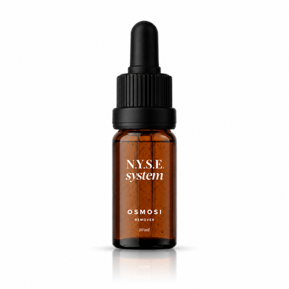 Flacone NYSE Osmosi Remover da 10 ml con contagocce nero su sfondo bianco.