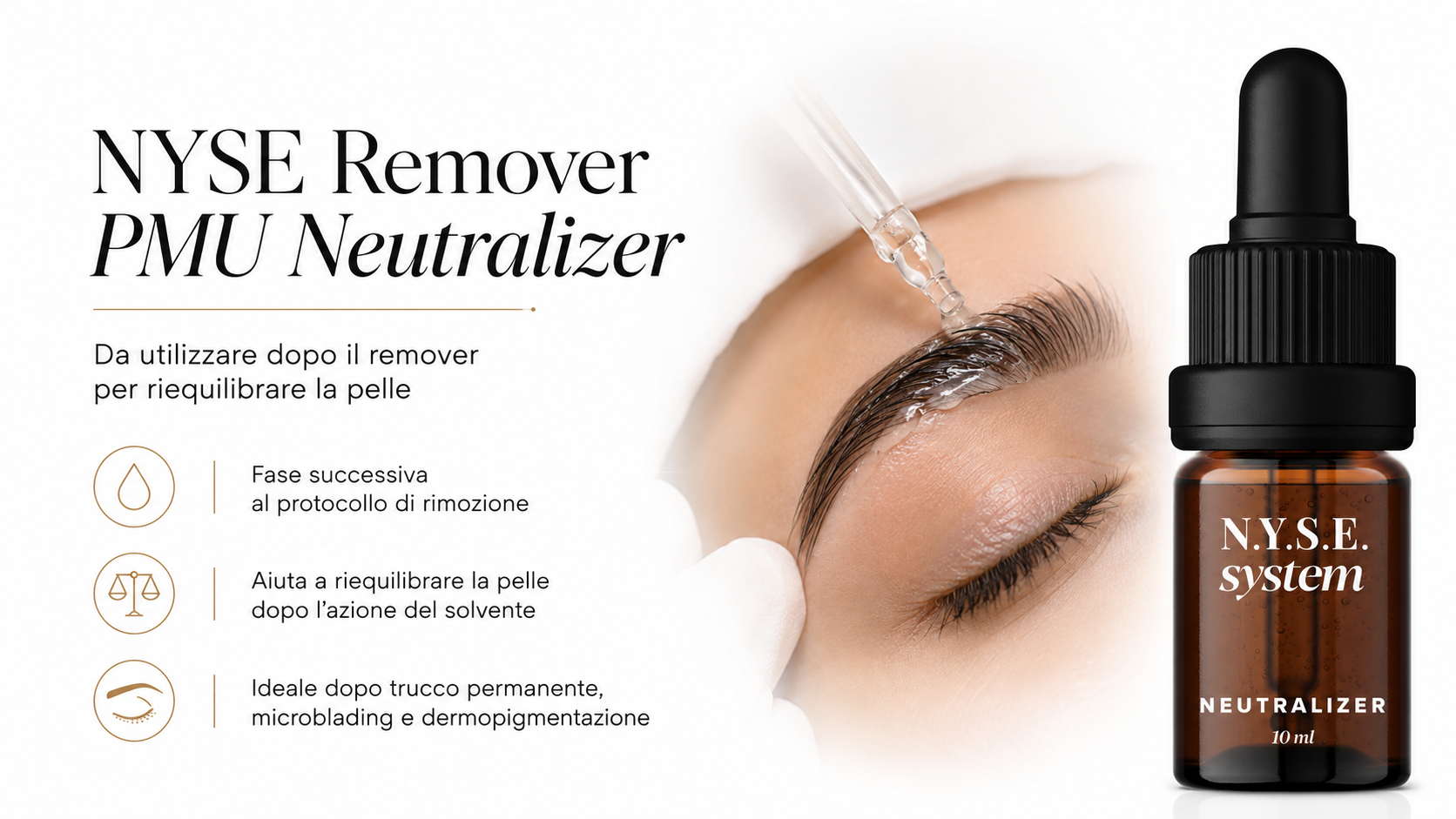 Applicazione di NYSE Remover PMU Neutralizer sulle sopracciglia nella fase successiva al protocollo di rimozione PMU.