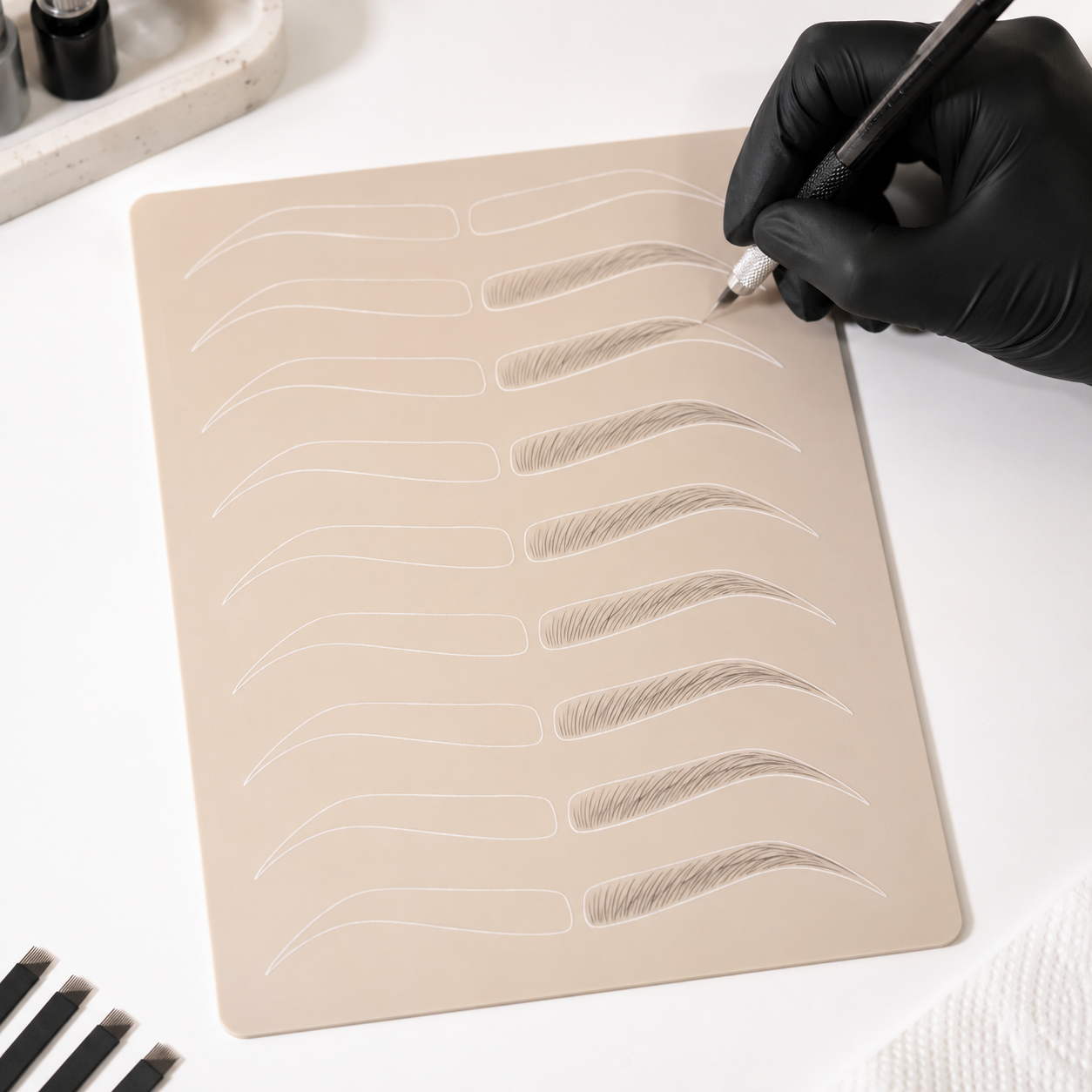 Mano con guanto che esegue esercitazione di microblading su tappetino in silicone con sagome sopracciglia prestampate.