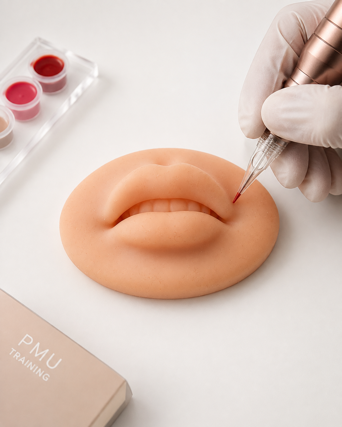 Esercitazione di trucco permanente labbra su supporto in silicone con dermografo e pigmento per pratica PMU.