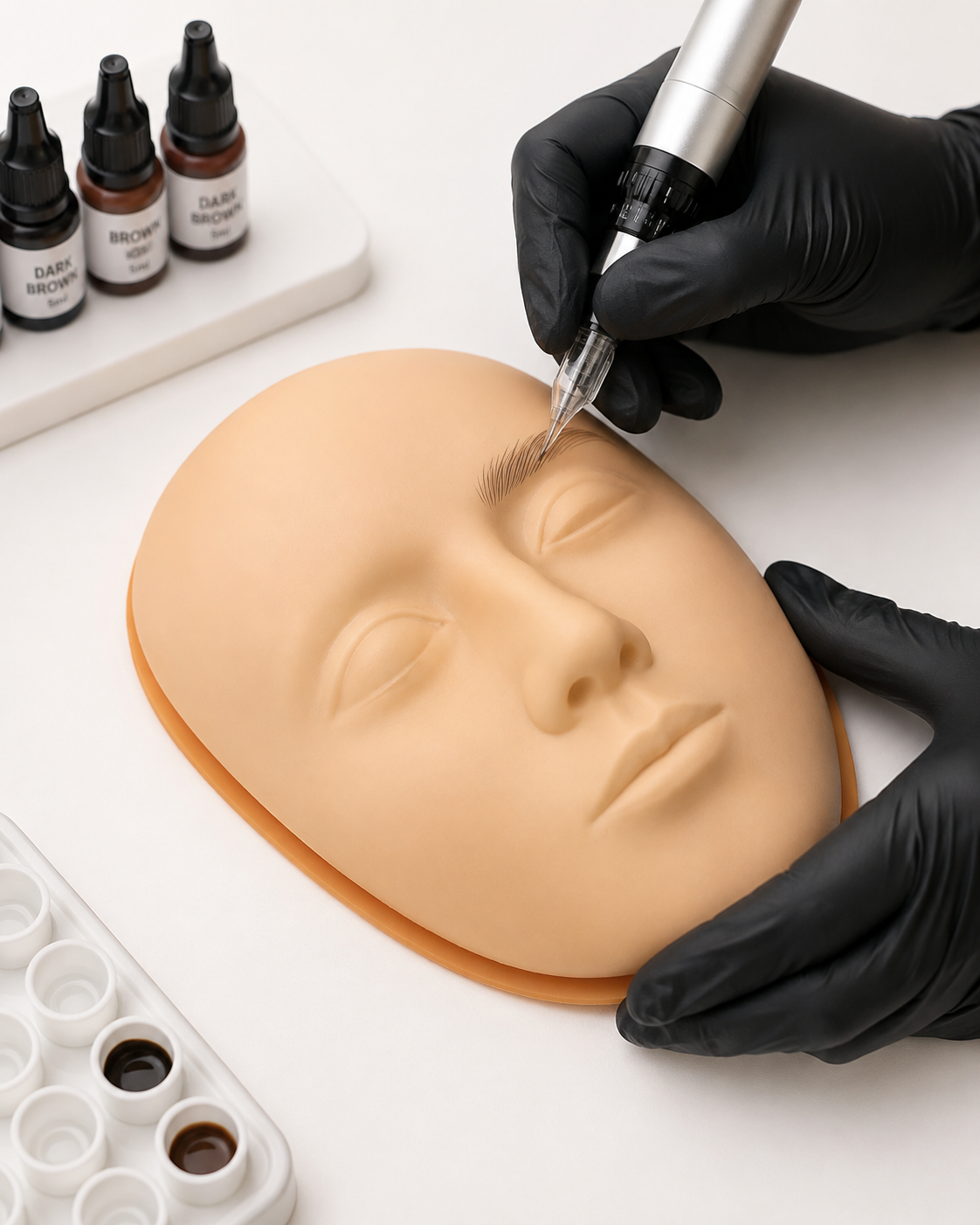 Esercitazione di trucco permanente su maschera in silicone con dermografo, pratica tecnica per realizzazione delle sopracciglia.