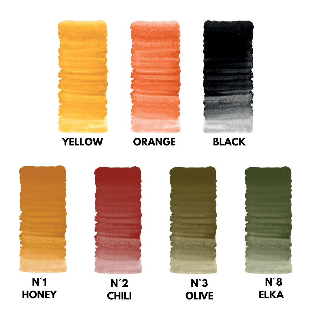 Swatch dei correttori NYSE per sopracciglia nelle tonalità Yellow, Orange, Black, N°1 Honey, N°2 Chili, N°3 Olive e N°8 Elka.
