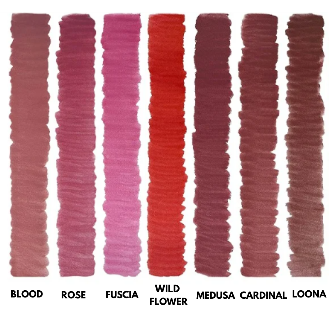 Swatch della collezione NYSE Gold-Lip con i colori Blood, Rose, Fucsia, Wild Flower, Medusa, Cardinal e Loona.
