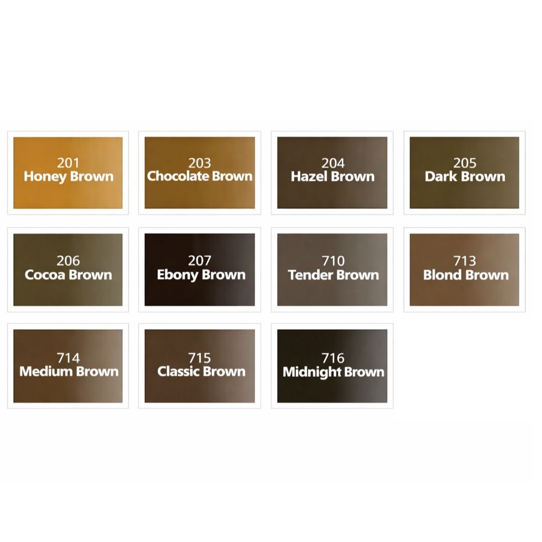 Schema tecnico Swiss Color 201 Honey Brown, pigmento inorganico caldo ad alta opacità indicato per sopracciglia, areola e camouflage.

