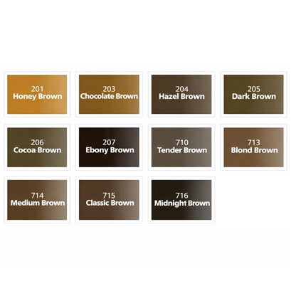 Schema tecnico Swiss Color 201 Honey Brown, pigmento inorganico caldo ad alta opacità indicato per sopracciglia, areola e camouflage.
