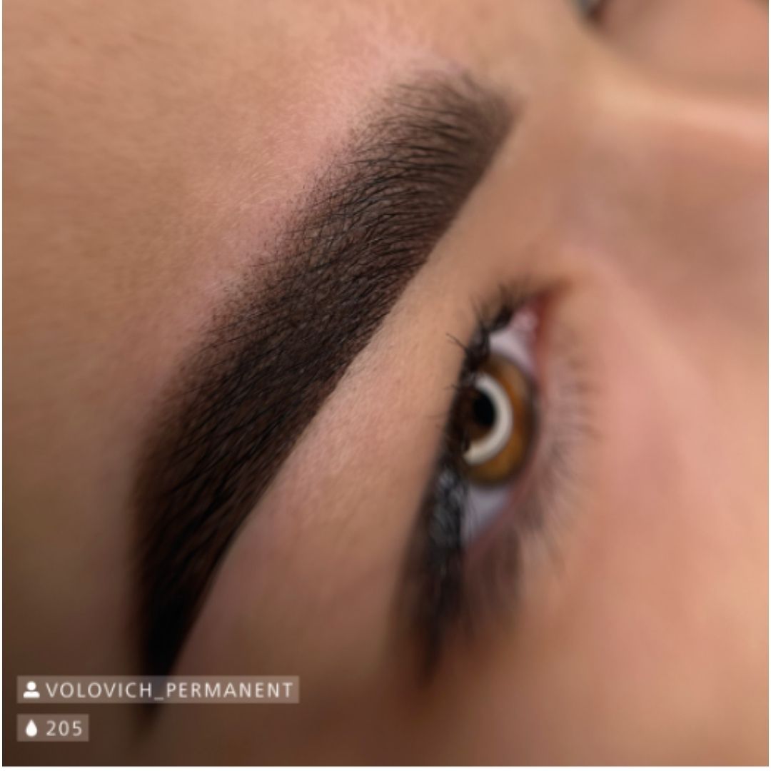 Risultato PMU sopracciglia realizzato con Swiss Color 205 Dark Brown, effetto scuro definito con sfumatura morbida e naturale.
